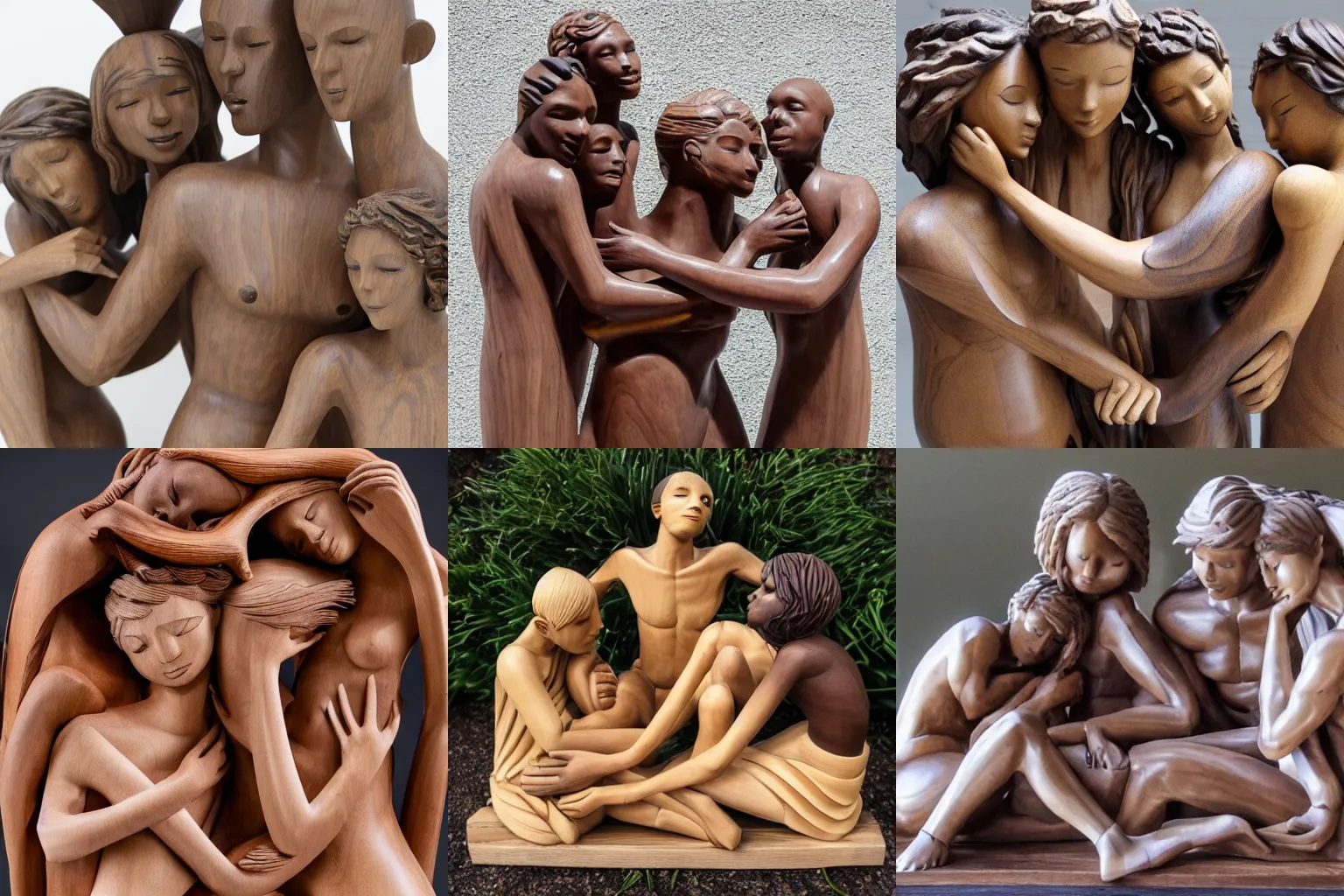 Prompt: flowy wood sculpture of beautiful androgynous polyamorous racially diverse people caressing