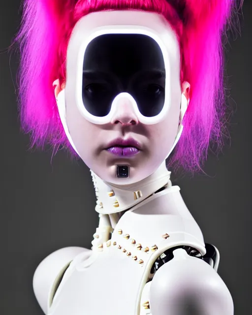 Image similar to symmetrical portrait of a biomechanical cyborg wearing a silicone swarovski studded iridescent beauty mask and neon pink hair buns, wearing a black bodysuit by alexander mcqueen, cream white background, soft diffused light, biotechnology, humanoid robot, bjork aesthetic, translucent, by rineke dijkstra, intricate details, highly detailed, masterpiece,