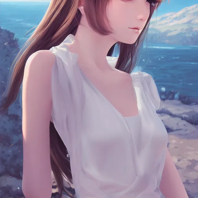 Image similar to infinitely detailed full - body portrait pale female peaceful dream angel wearing elegant clothes. beautiful! scenery art! by wlop & murata range, by ilya kuvshinov. artstation!! / pixiv!!