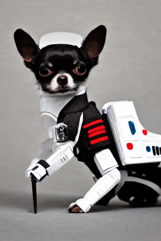 Image similar to a Cíborg Chihuahua holding a lightsaber,dressing like Stormtrooper,futuristic style.unnreal engine