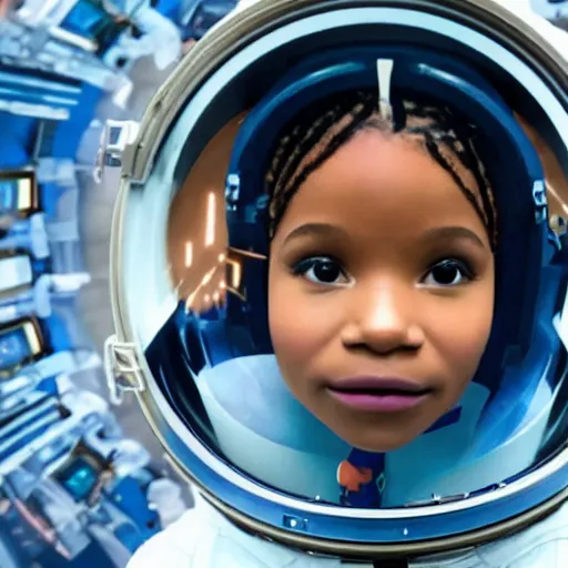 Prompt: halle bailey as an astronaut, high res imax 7 0 mm film grainy photo uhd