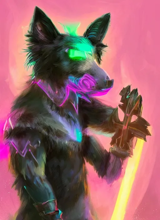 Image similar to wide angle beautiful full body portrait of a cute male anthropomorphic anthro border collie fursona wearing a barbarian outfit in a dark neon rainbow, character design by charlie bowater, henry asencio, and ross tran, disney, scenic background, detailed, glamor pose, aesthetic, trending on artstation, furaffinity, deviantart