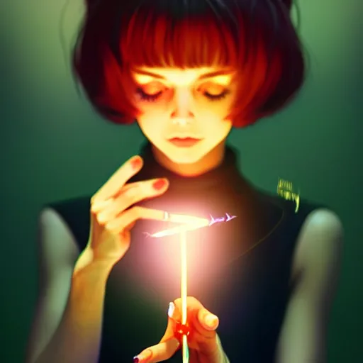 Image similar to a woman holding a magic wand casting a spell, concept art by Ilya Kuvshinov, contest winner, fantasy art, official art, concept art, high detail, experimental, high quality, hyperrealistic, 4k