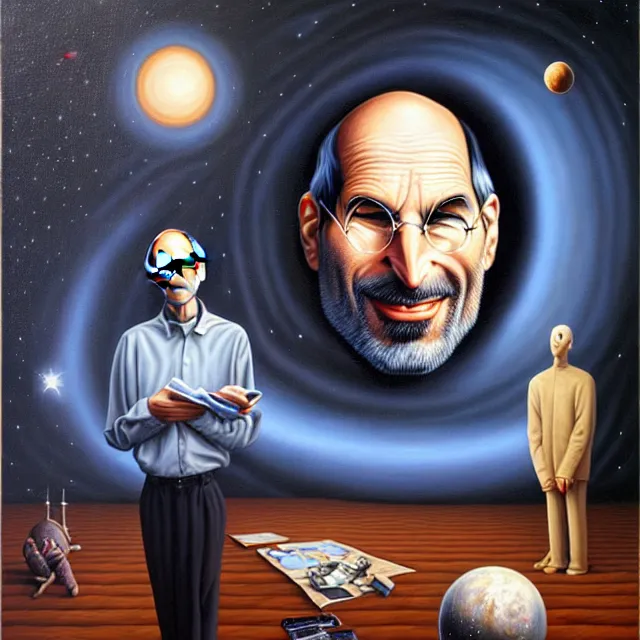 Image similar to an oil on canvas portrait painting of steve jobs, surrealism, surrealist, cosmic horror, rob gonsalves, high detail