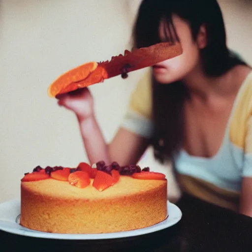 Prompt: woman eating orange cake, color film photography, 5 0 mm film