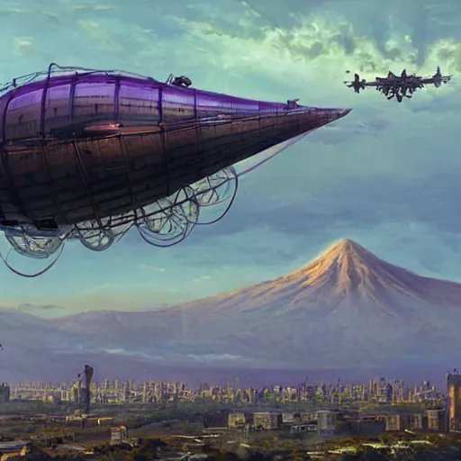 Image similar to a steampunk airship flies over santiago of chile, purple dawn, costanera center, by greg rutkowski and ivan shishkin