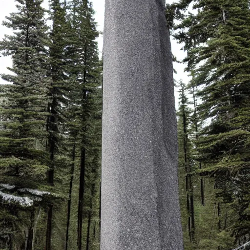 Image similar to a monolithic granite pillar in the boreal forest. overcast sky, grainy.