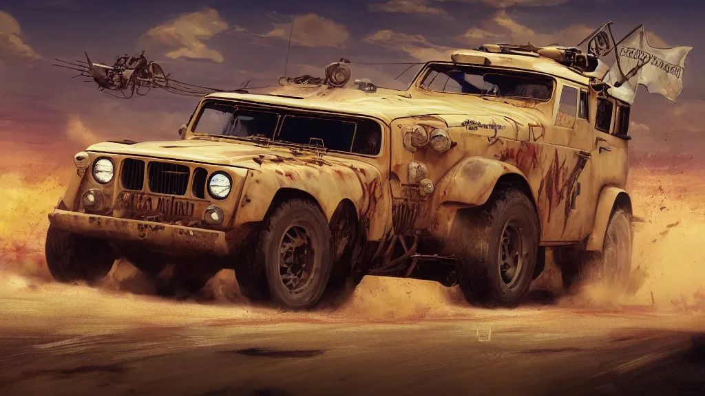 Image similar to illustration of mad max's fj 4 0 pursuit special, the last v 8 interceptor driving down to the gates of valhalla highway, fury road, eternal shiny and chrome, world of fire and blood, by makoto shinkai, ilya kuvshinov, lois van baarle, rossdraws, basquiat, studio ghibli, global illumination ray tracing hdr