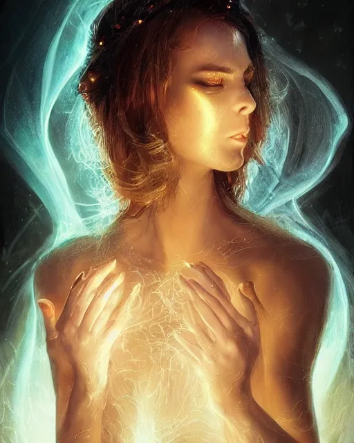 Image similar to lightpainting, diffuse lighting, fantasy, intricate wiccan facial lightpainting, elegant light, highly detailed, lifelike, photorealistic, digital painting, artstation, concept art, smooth, sharp focus, art by john collier, albert aublet, krenz cushart, artem demura, michael bosanko