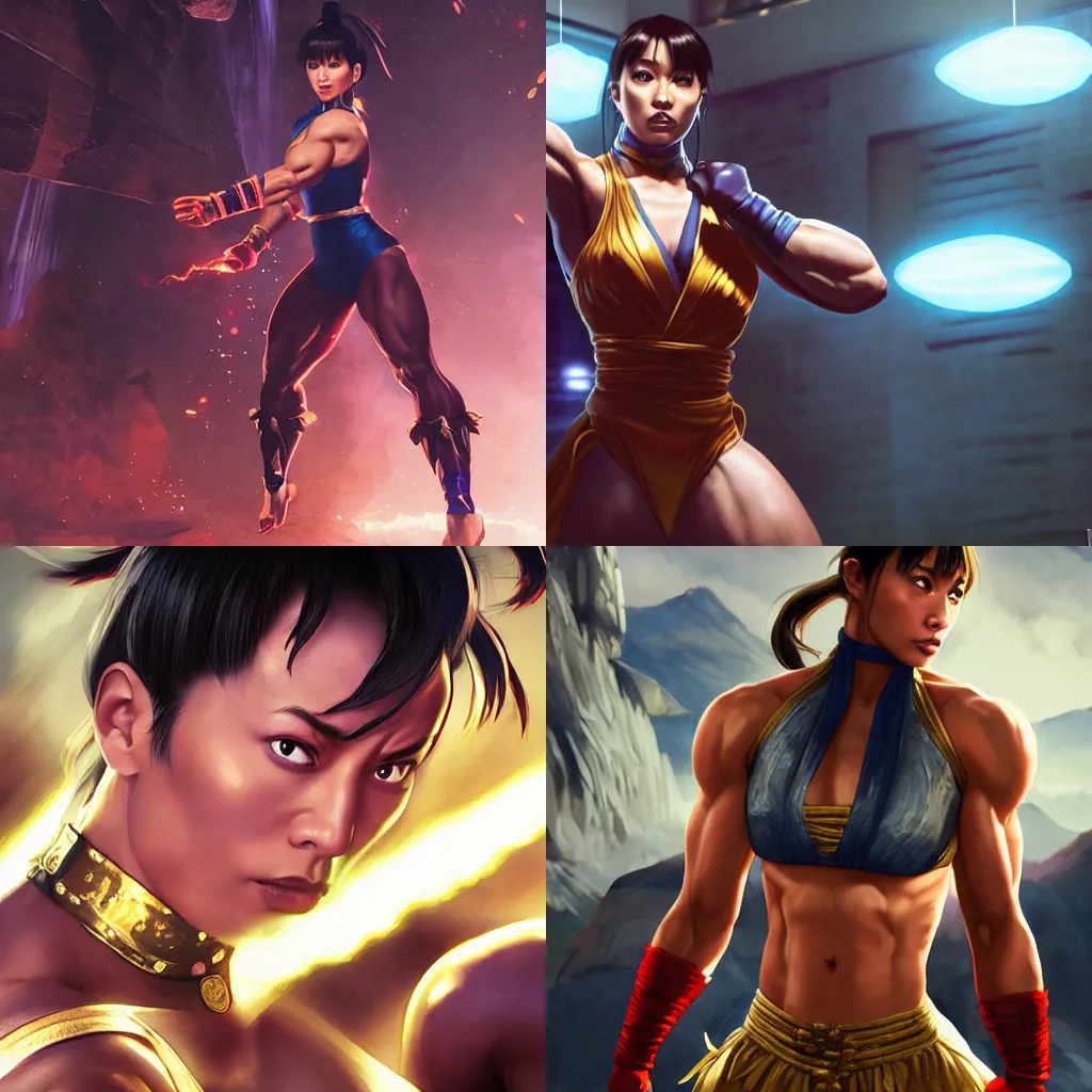 Image similar to dwayne johnson, chun li outfit, dwayne johnson posing like a street fighter, dwayne johnson wearing female outfit, intricate, epic lighting, cinematic composition, hyper realistic, 8k resolution, unreal engine 5, by Artgerm, tooth wu, dan mumford, beeple, wlop, rossdraws, James Jean, Andrei Riabovitchev, Marc Simonetti, yoshitaka Amano, Artstation