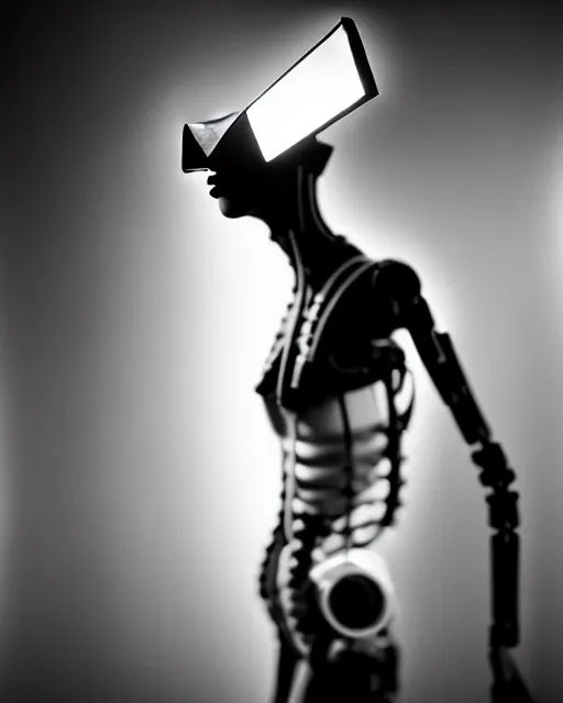 Image similar to black and white high quality photo of a beautiful female AI vegetal-cyborg looking into a sci-fi mirror, volumetric lighting, liminal space, brutalism, foggy, dreamy, hyperdetailed, bokeh, photorealistic, cinematic, masterpiece, elegant, dark, by Man Ray in the style of Horst P. Horst, octane render, 8K,