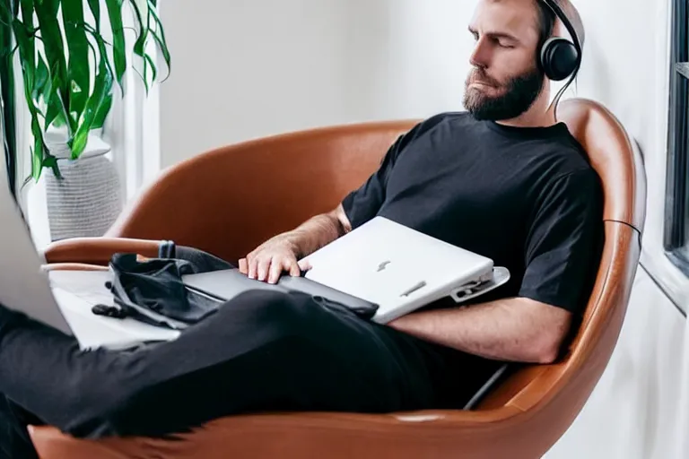 Prompt: a caucasian man who is deep in thought is wearing a white t - shirt and he is wearing black sweat pants and he is wearing headphones and he has an open laptop on his lap and he is relaxing in a brown leather chair that is in the reclining position