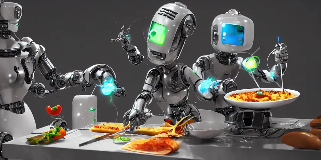 Image similar to robot bender cooking delicious food, 3 d render, highly detailed, artstation