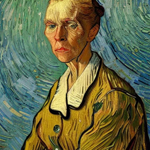 Image similar to an old white blond woman standing with a cane, around her are paintings, in the style of van gogh