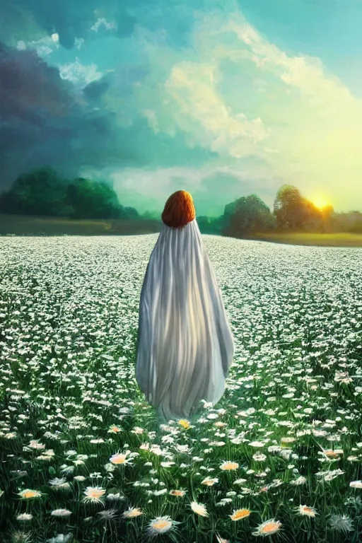 Image similar to giant white daisy flower head, girl with veil walking in a flower field, surreal photography, sunrise, dramatic light, impressionist painting, colorful clouds, digital painting, artstation, simon stalenhag