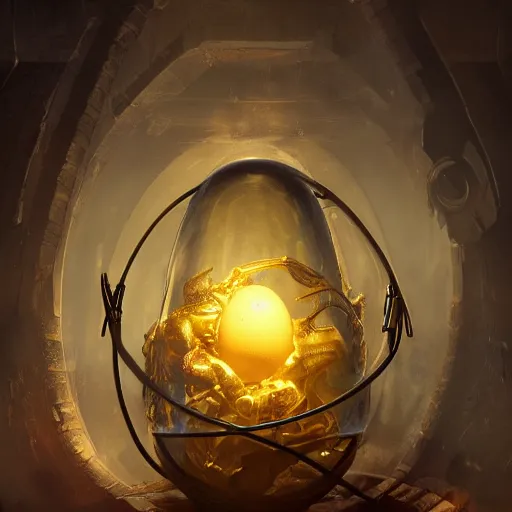 Prompt: medieval tech tech egg made of glass containing a baby creature inside, artificial creature plugged with long wires made of glass, liquids, DNA experiment, bright art masterpiece artstation. 8k, sharp high quality artwork in style of Fernando de Felipe and Greg Rutkowski, golden theme, concept art by Tooth Wu, blizzard warcraft artwork