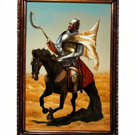 Image similar to a beautiful oil painting of a middle eastern knight in shining armor riding a horse