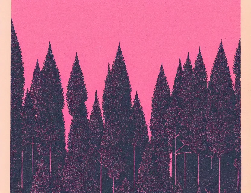 Prompt: 1 9 5 0 s risograph print of an image from a book depicting a forest at night, in shades of peach, pink, and teal gradient