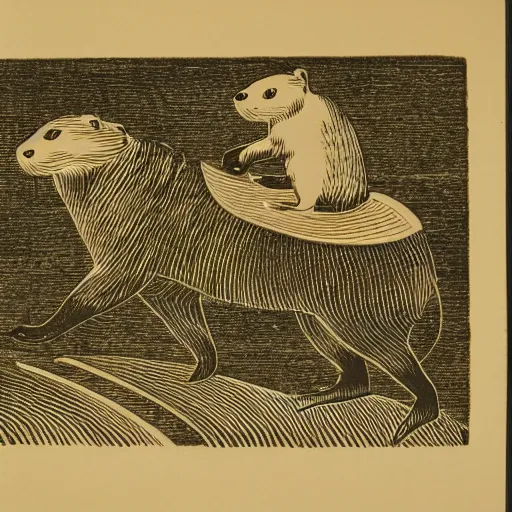 Image similar to woodblock print of an otter riding horseback