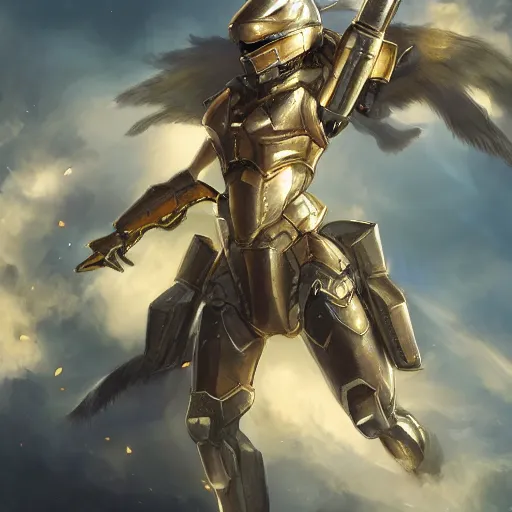 Image similar to full body picture of armored valkyrie descending from clouds, renaissance halo, gold lighting, cinematic, art, elegant, powerful, digital painting, sharp details