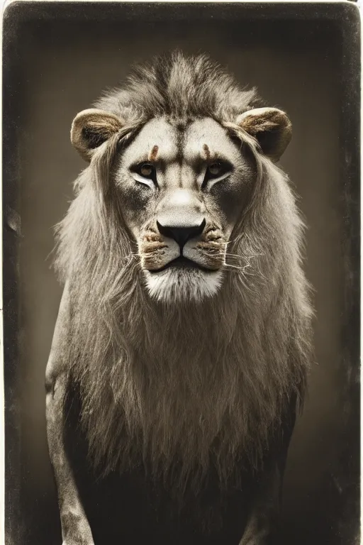 Image similar to a wet plate photo of an anthropomorphic mean looking lion king