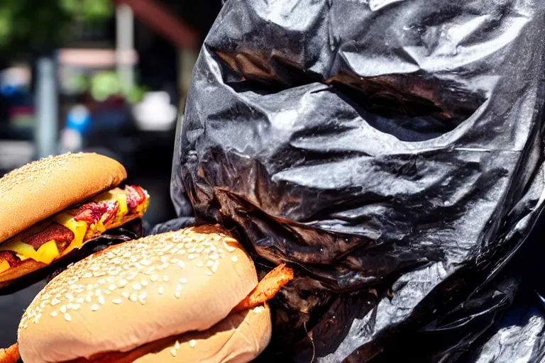 Prompt: smouldering smoking garbage bag with human face oozing liquid baking in the sun, fast food review, specular highlights, fetid