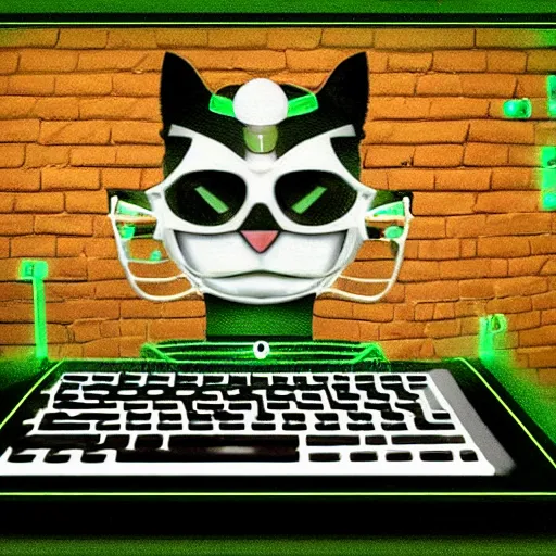 Image similar to A cat wearing a guy fawkes mask, typing maliciously on a computer, with a green screen and binary numbers. Award-winning cyberpunk glitchcore art