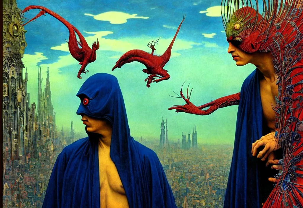 Image similar to realistic detailed portrait movie shot of a birdman wearing dark robes, sci fi city landscape background by denis villeneuve, amano, yves tanguy, alphonse mucha, ernst haeckel, max ernst, roger dean, masterpiece, rich moody colours, blue eyes, mysterious