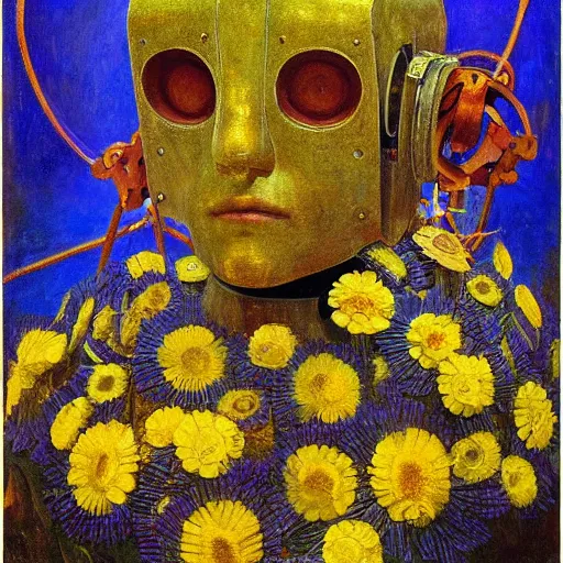 Image similar to masterpiece painting of the head of a robot wearing a mask made of flowers, by annie swynnerton and diego rivera and jean delville, flower mask, symbolist, dramatic lighting, god rays, elaborate geometric ornament, art brut, soft cool colors, smooth, sharp focus, extremely detailed, adolf wolfli