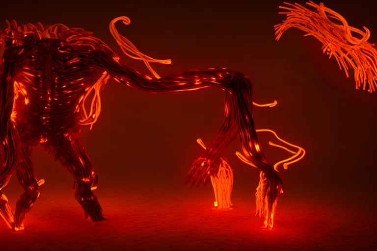 Prompt: fire creature made out of a humanoid nervous system with large meaty spikes all over the body, cinematic, volumetric lighting, f 8 aperture, cinematic eastman 5 3 8 4 film, photorealistic