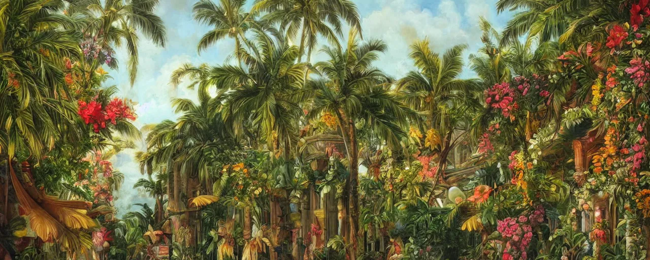 Image similar to a highly detailed oil painting of Tropical Flowers, a view from ground level: elegant, ornate, daytime. this is a beautifully lit scene.