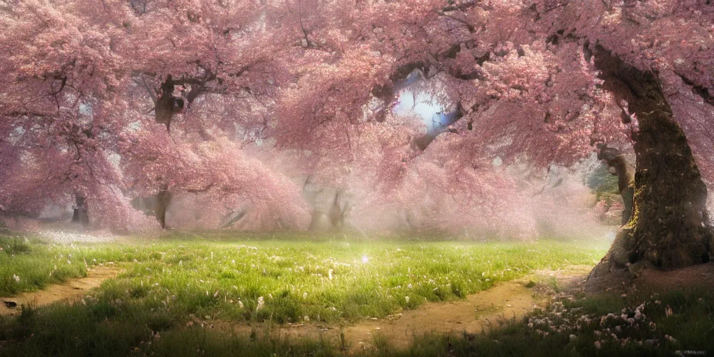 Image similar to tornado of blooming cherry blossoms petals sweeping through farmland, dim volumetric lighting, 8 k octane beautifully detailed render, post - processing, extremely hyper - detailed, intricate, epic composition, cinematic lighting, masterpiece, trending on artstation, detailed detailed detailed, stunning art by anders zorn, wonderful masterpiece by greg rutkowski, beautiful cinematic light