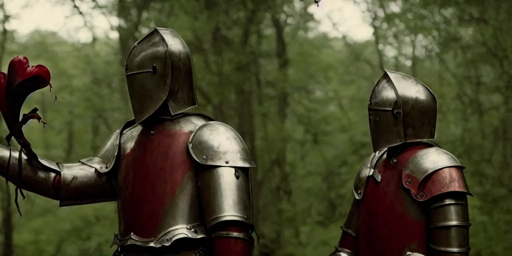 Image similar to film still of closeup the knight holds a bleeding heart in his hand by emmanuel lubezki