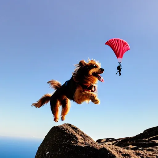 Image similar to a hairy dog jumping from a cliff with a parachute