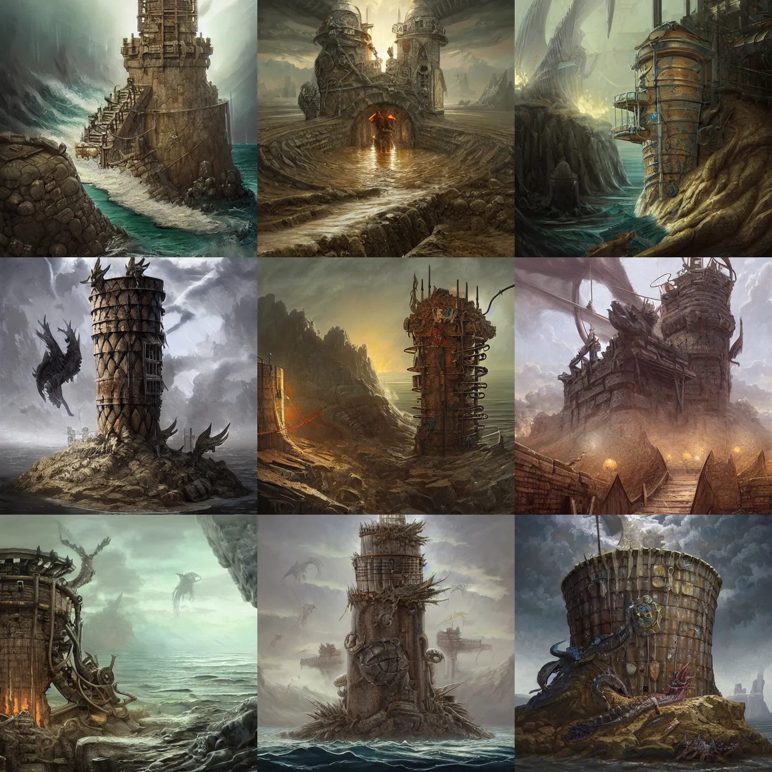 Prompt: post apocalyptic metal barrel tower prison with dragons in ocean, low - relief stone sculpture, low detailed. digital painting, artstation, concept art, smooth, sharp focus, illustration, artstation, art by giger and greg rutkowski and hikari shimoda and edmund blair leighton and charlie bowater