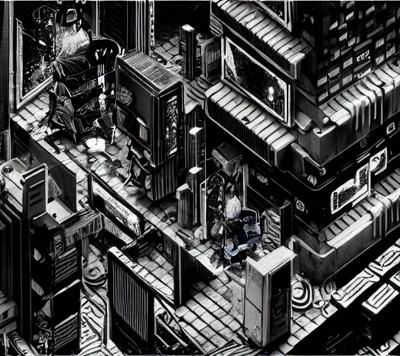 Prompt: a black and white illustration of a cyberpunk epic Friday night firefight in the style of MC Escher, Night City, cyberpunk 2077, 1979 OMNI Magazine Cover, impossible geometry, coherent, street level neo-Tokyo in Cyberpunk 2045, 4k, 8k, HD, trending on artstation