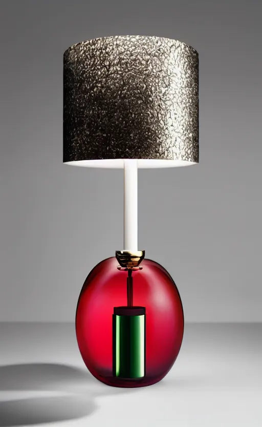 Image similar to a table lamp designed by gucci in the shape of perfume, advertising photography