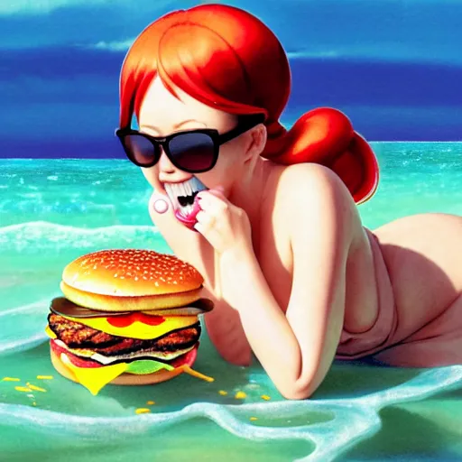 Prompt: Extremely Detailed and Full Portrait scene of Gooey Ocean scene in ink and refined sand, Red Hair pigtail anime woman with shades on face. wearing a sundress full body smiling while eating a cheese burger. The cheeseburger is leaking red sauce all over the place by Akihito Yoshitomi AND Yoji Shinkawa AND Greg Rutkowski, Mark Arian trending on artstation