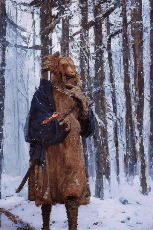 Prompt: Slavic dog head man, woolen torso in medieval clothes, walking in the forest, Orthodox Saint Christopher, oil painting, magic lights, painting by Viktor Vasnetsov, concept art, painting by Valentin Serov, hyperborea, beautiful, high resolution, trending on artstation,