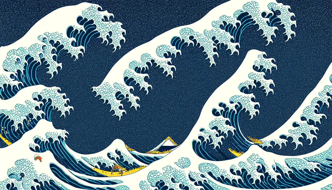 Prompt: the great wave by woodblock print, nicolas delort, moebius, victo ngai, josan gonzalez, kilian eng