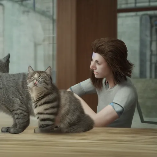 Image similar to two women playing with cats ; photorealistic ; unreal engine