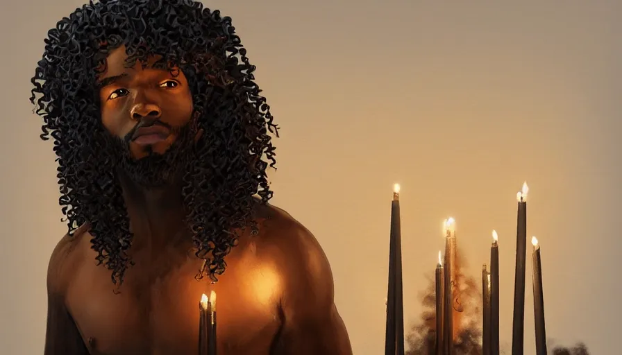 Prompt: A black man with long curly hair, made of candles, beautiful realistic artwork on artstation