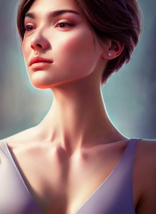 Prompt: high angle photo of a gorgeous young woman in the style of stefan kostic, realistic, 1 / 2 body shot, 8 5 mm art lens, f 1. 2, sharp focus, 8 k high definition, insanely detailed, intricate, elegant, art by stanley lau and artgerm