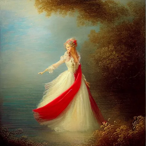 Image similar to a stunning painting of a beautiful lady with white long hair and dressed with a red victorian cloak, standing in a lake, mist, morning light, dreamy atmosphere, cinematic, style of Jean-Honoré Fragonard