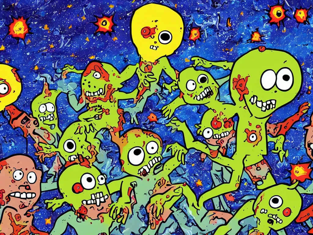 Image similar to exploding zombies in space, children's illustration, cartoon