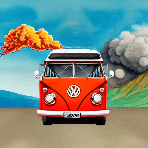 Prompt: a fisheye perspective caricature watercolor painting of a vw volkswagen bus, camper, bulli, type - 2, microbus, kombi, flying towards the camera, jumping at the viewer, dynamic action shot, fish eye lense, frontal, a dramatically erupting vulcano is seen in the background