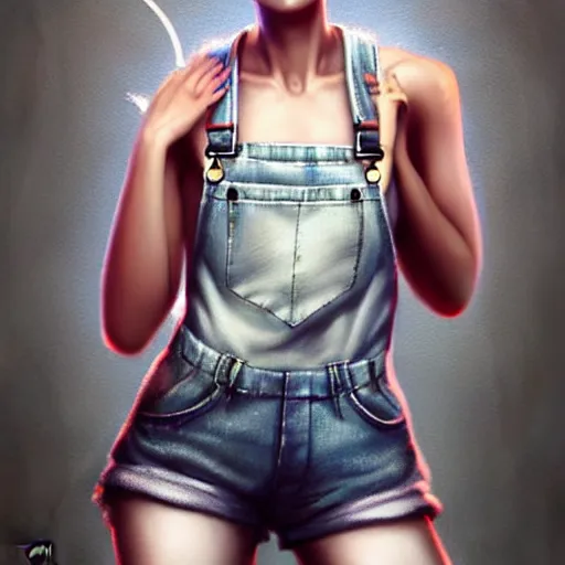 Image similar to full body pose, beautiful androgynous girl, white pixie cut hair, torn overalls, short shorts, combat boots, fishnets, beautiful, highly detailed face, true anatomy!, extremely detailed!, digital painting, unreal engine 5, art by tom bagshaw