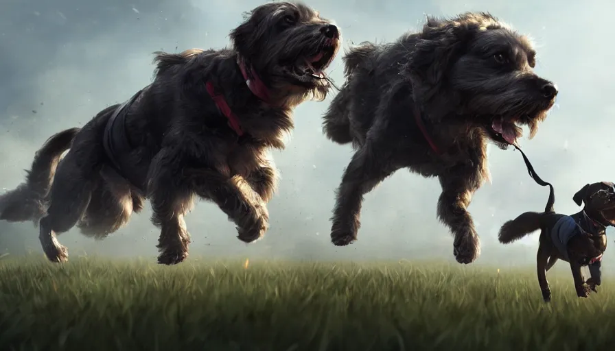 Prompt: Dog running on a battlefield, hyperdetailed, artstation, cgsociety, 8k