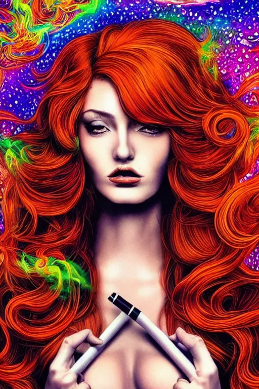 Prompt: a psychedelic detailed gorgeous acid trip painting of an extremely sexy elegant and attractive female character, wearing a tight-fitting tan detective jacket, detective had on her head, beautiful [[long red hair]] in loose curls, slender woman, very curvy, noir, smoking a fancy long french cigarette, in the rain in the early evening, cinematic, dramatic lighting, full body view, cool pose, artwork by Artgerm, Rutkowski, Dale Keown and Van Sciver, featured on artstation, cgsociety, behance hd