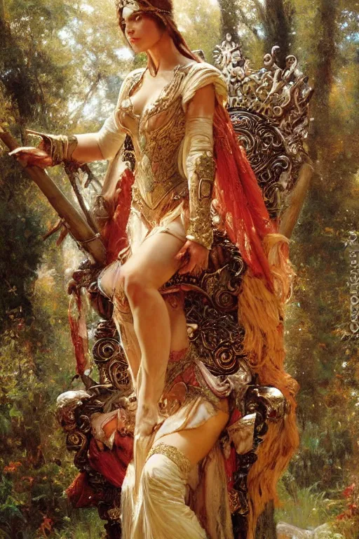 Image similar to full body portrait of forest queen astride her throne, highly detailed painting by gaston bussiere, craig mullins, j. c. leyendecker, 8 k, mid shot